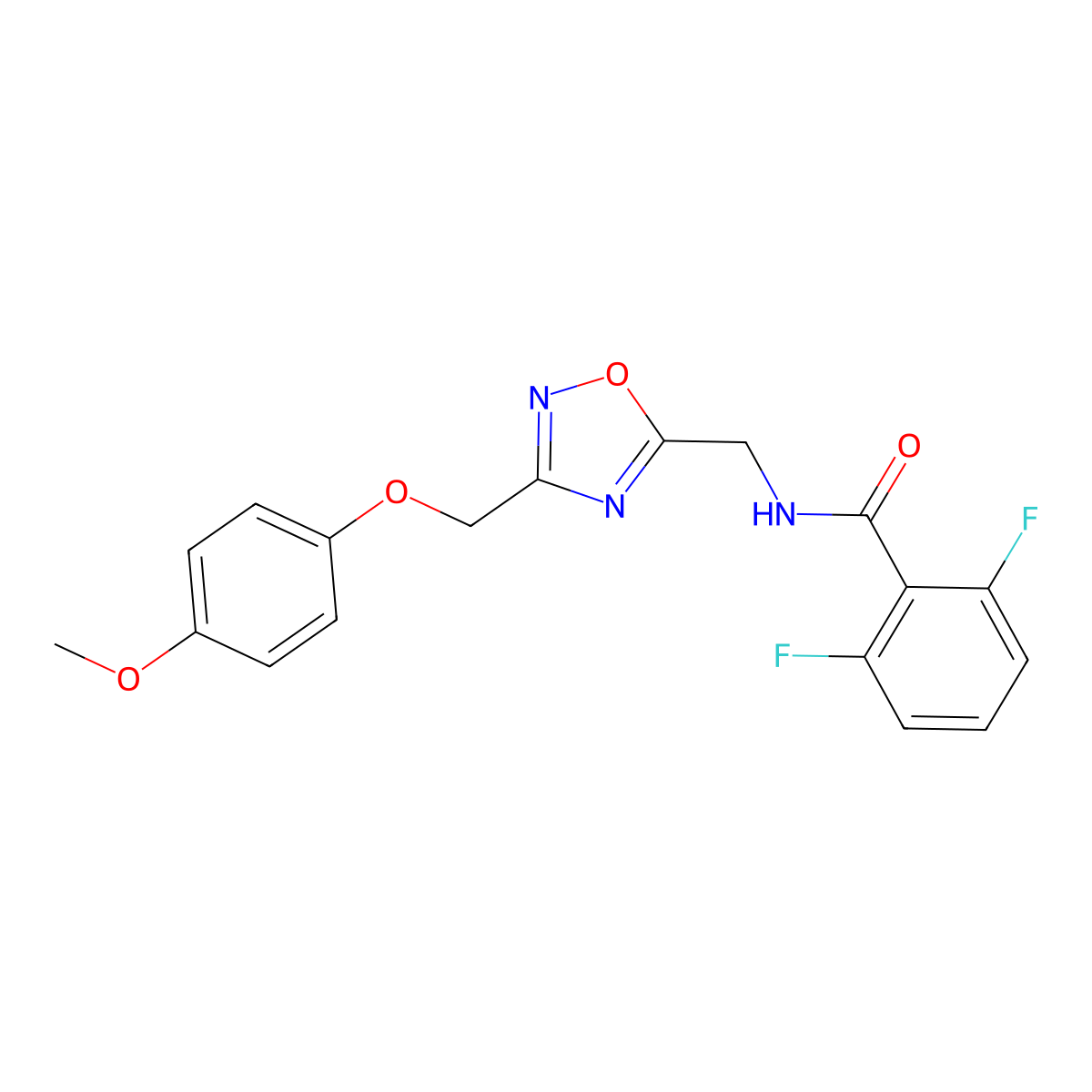 2,6-difluoro-N-((3-((4-methoxyphenoxy)methyl)-1,2,4-oxadiazol-5-yl)methyl)benzamide molecular structure, CAS 1226441-39-9