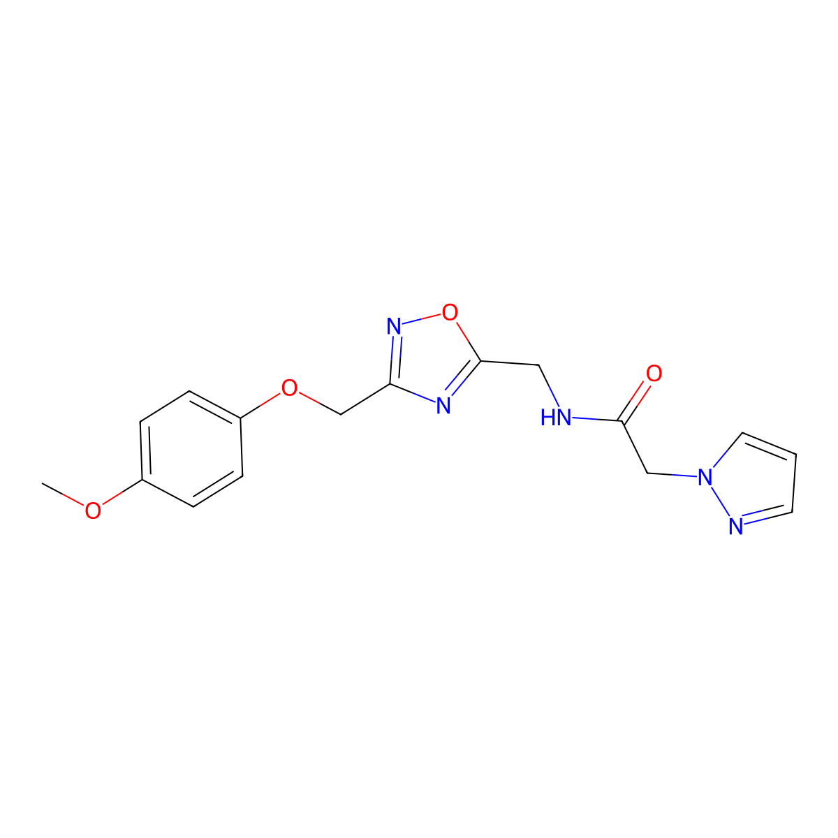 N-((3-((4-methoxyphenoxy)methyl)-1,2,4-oxadiazol-5-yl)methyl)-2-(1H-pyrazol-1-yl)acetamide molecular structure, CAS 1226441-49-1