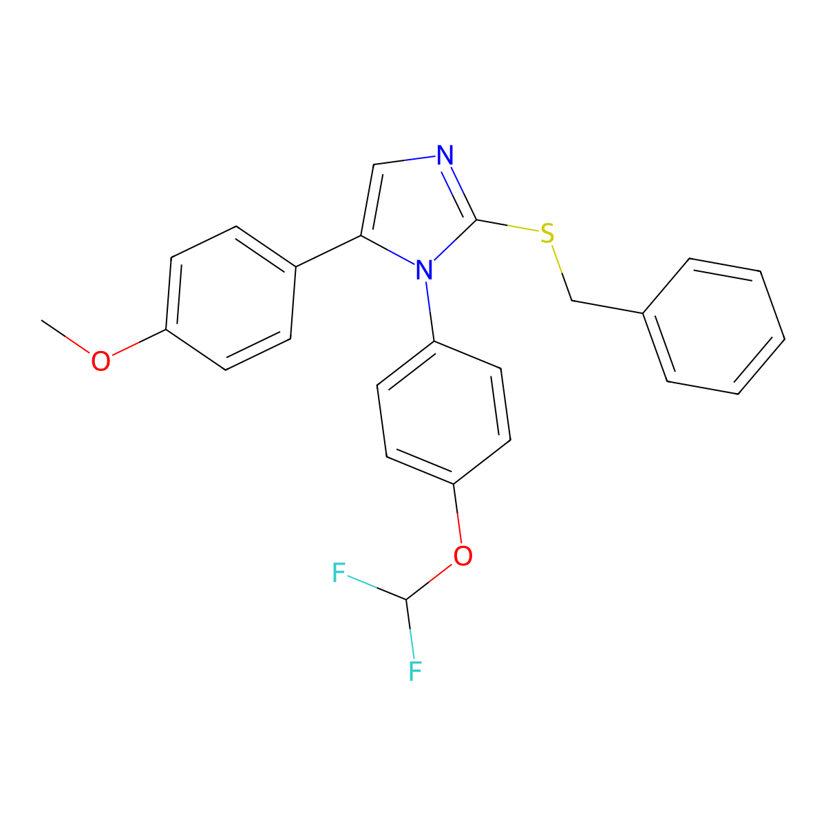 2-(benzylthio)-1-(4-(difluoromethoxy)phenyl)-5-(4-methoxyphenyl)-1H-imidazole molecular structure, CAS 1226441-59-3