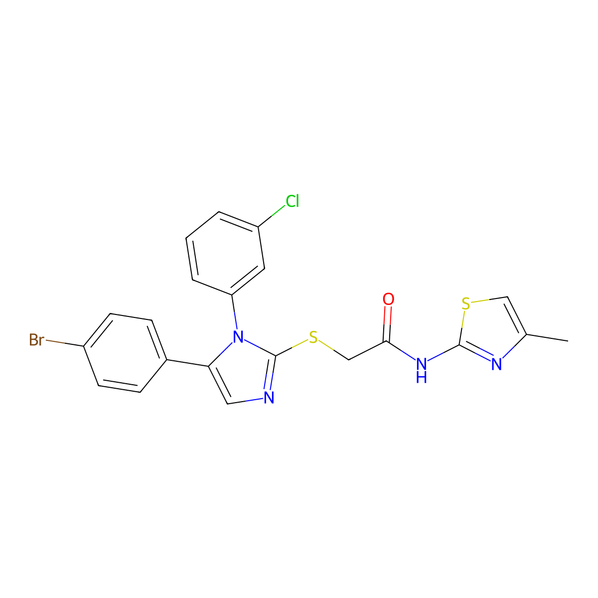 2-((5-(4-bromophenyl)-1-(3-chlorophenyl)-1H-imidazol-2-yl)thio)-N-(4-methylthiazol-2-yl)acetamide molecular structure, CAS 1226441-90-2