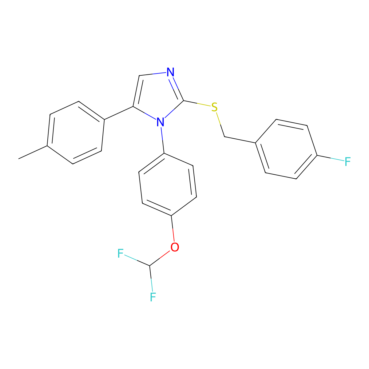 1-(4-(difluoromethoxy)phenyl)-2-((4-fluorobenzyl)thio)-5-(p-tolyl)-1H-imidazole molecular structure, CAS 1226441-97-9
