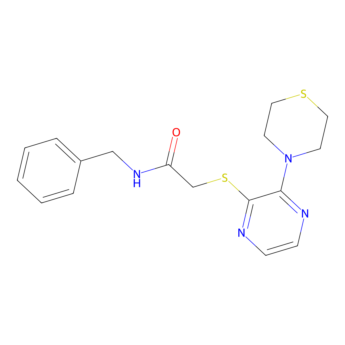 N-benzyl-2-((3-thiomorpholinopyrazin-2-yl)thio)acetamide molecular structure, CAS 1226441-99-1