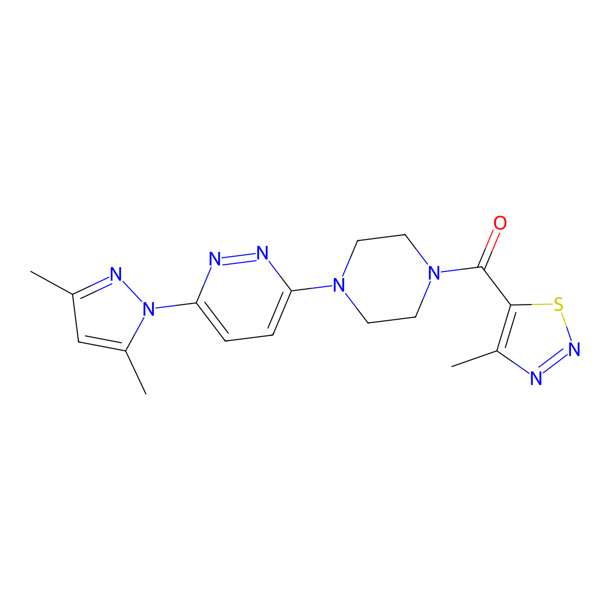 (4-(6-(3,5-dimethyl-1H-pyrazol-1-yl)pyridazin-3-yl)piperazin-1-yl)(4-methyl-1,2,3-thiadiazol-5-yl)methanone molecular structure, CAS 1226442-12-1