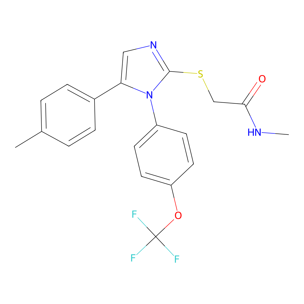 N-methyl-2-((5-(p-tolyl)-1-(4-(trifluoromethoxy)phenyl)-1H-imidazol-2-yl)thio)acetamide molecular structure, CAS 1226442-14-3