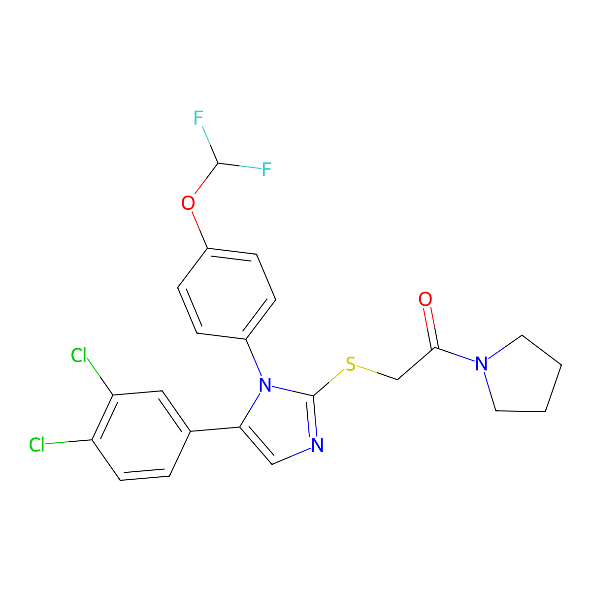 2-((5-(3,4-dichlorophenyl)-1-(4-(difluoromethoxy)phenyl)-1H-imidazol-2-yl)thio)-1-(pyrrolidin-1-yl)ethanone molecular structure, CAS 1226442-45-0