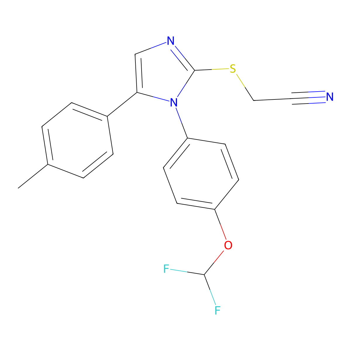 2-((1-(4-(difluoromethoxy)phenyl)-5-(p-tolyl)-1H-imidazol-2-yl)thio)acetonitrile molecular structure, CAS 1226442-47-2