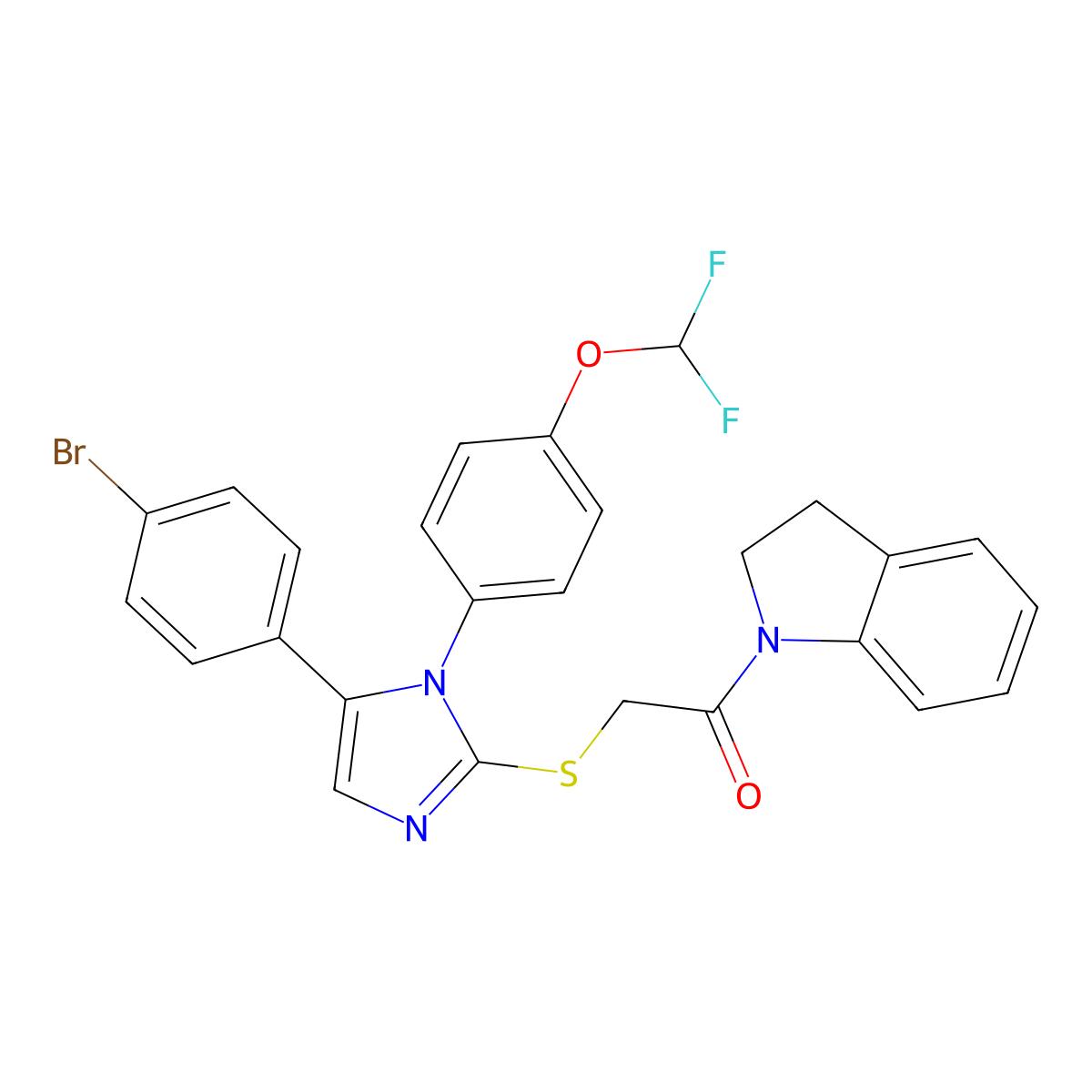 2-((5-(4-bromophenyl)-1-(4-(difluoromethoxy)phenyl)-1H-imidazol-2-yl)thio)-1-(indolin-1-yl)ethanone molecular structure, CAS 1226442-59-6