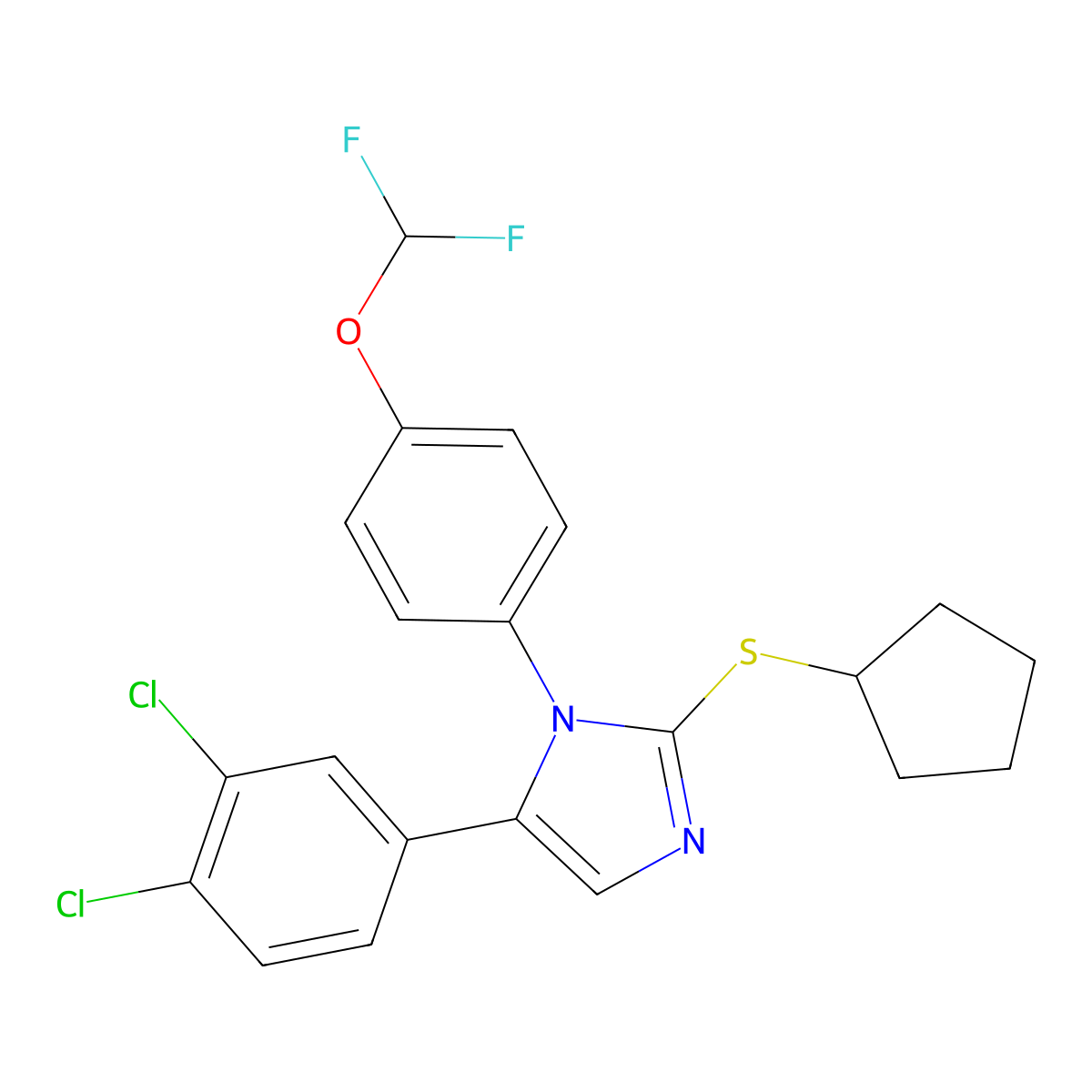 2-(cyclopentylthio)-5-(3,4-dichlorophenyl)-1-(4-(difluoromethoxy)phenyl)-1H-imidazole molecular structure, CAS 1226442-60-9