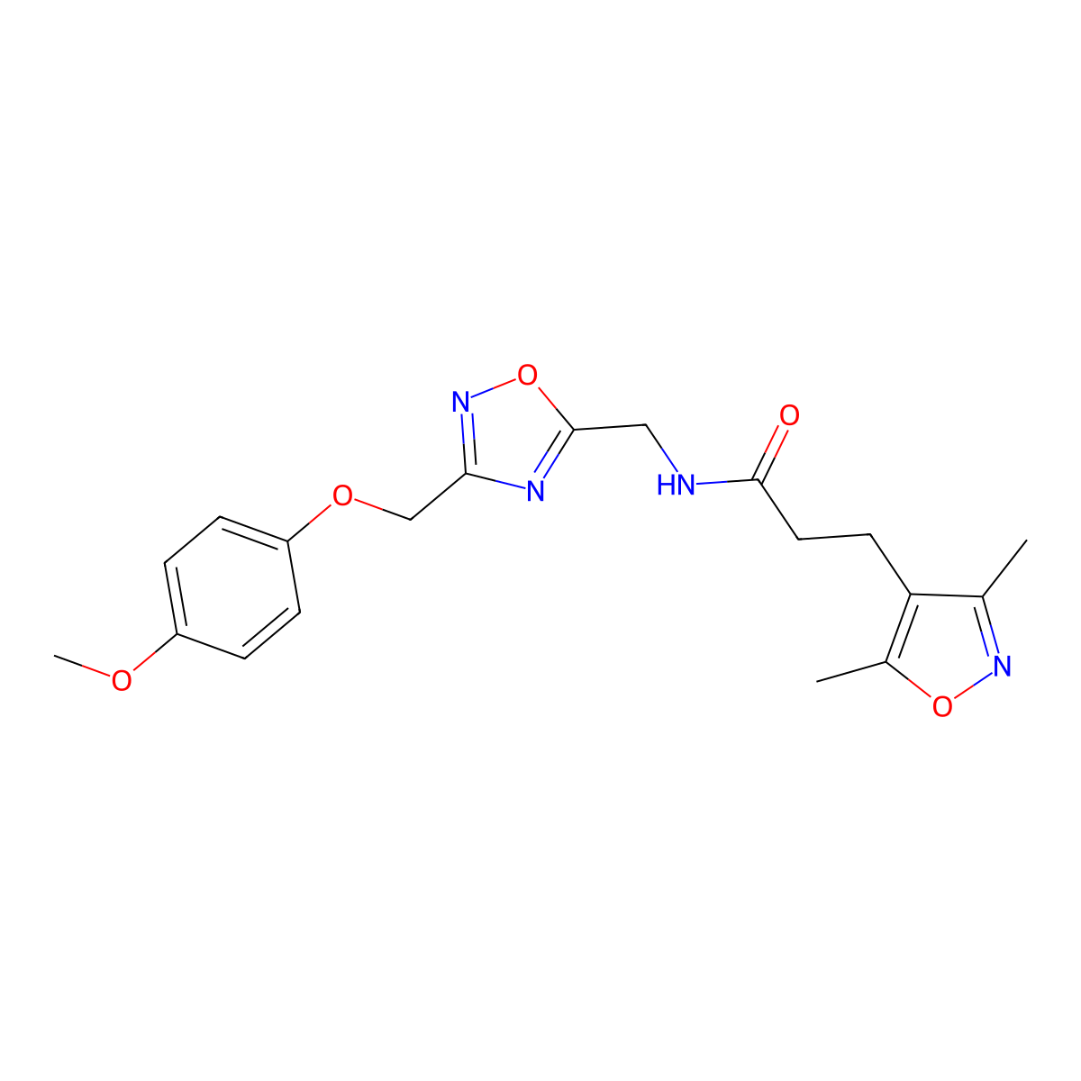3-(3,5-dimethylisoxazol-4-yl)-N-((3-((4-methoxyphenoxy)methyl)-1,2,4-oxadiazol-5-yl)methyl)propanamide molecular structure, CAS 1226442-62-1