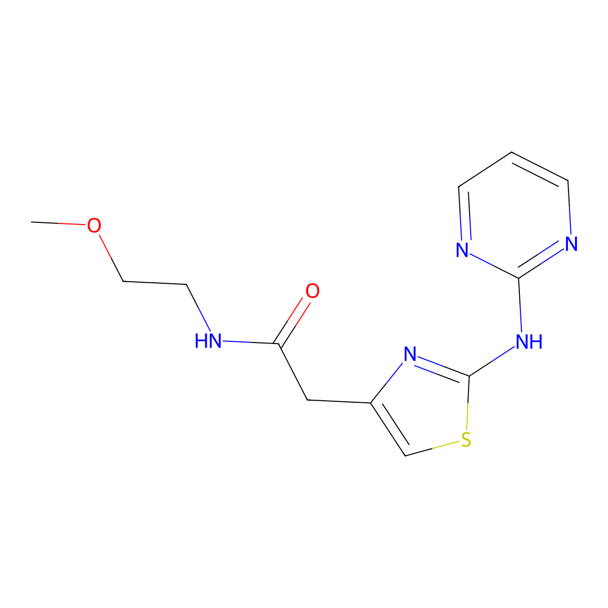 N-(2-methoxyethyl)-2-(2-(pyrimidin-2-ylamino)thiazol-4-yl)acetamide molecular structure, CAS 1226442-72-3