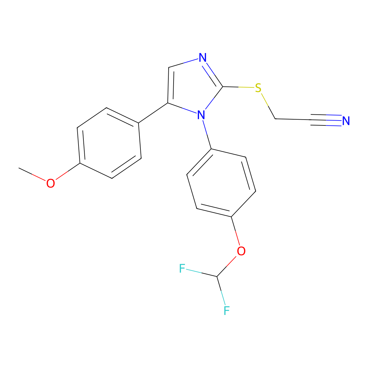 2-((1-(4-(difluoromethoxy)phenyl)-5-(4-methoxyphenyl)-1H-imidazol-2-yl)thio)acetonitrile molecular structure, CAS 1226442-76-7