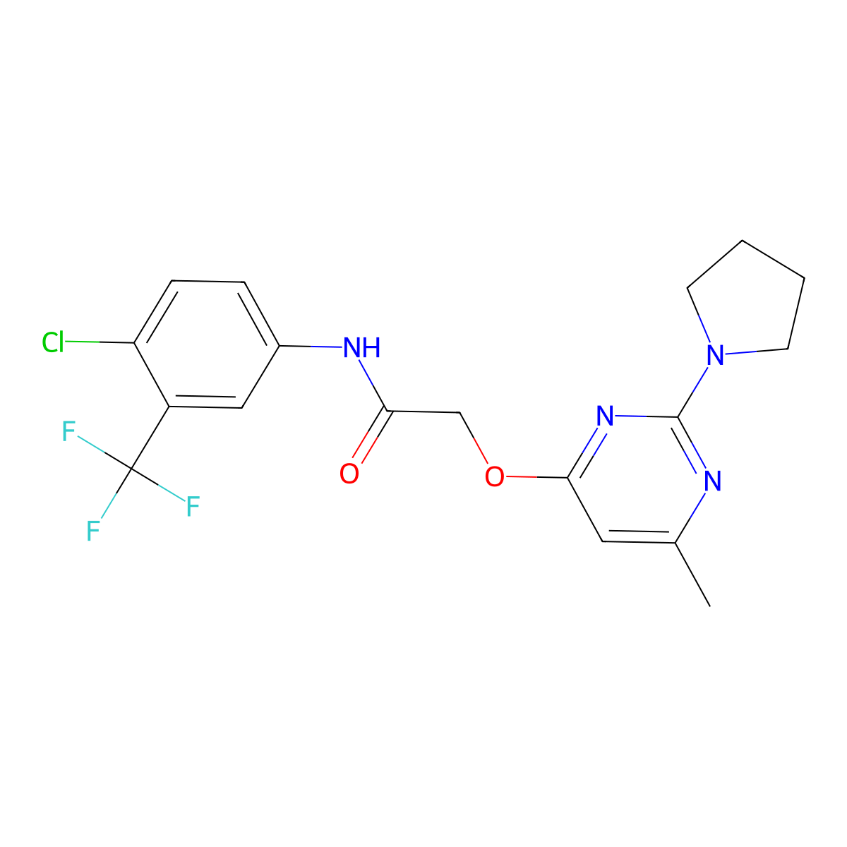 N-(4-chloro-3-(trifluoromethyl)phenyl)-2-((6-methyl-2-(pyrrolidin-1-yl)pyrimidin-4-yl)oxy)acetamide molecular structure, CAS 1226442-83-6