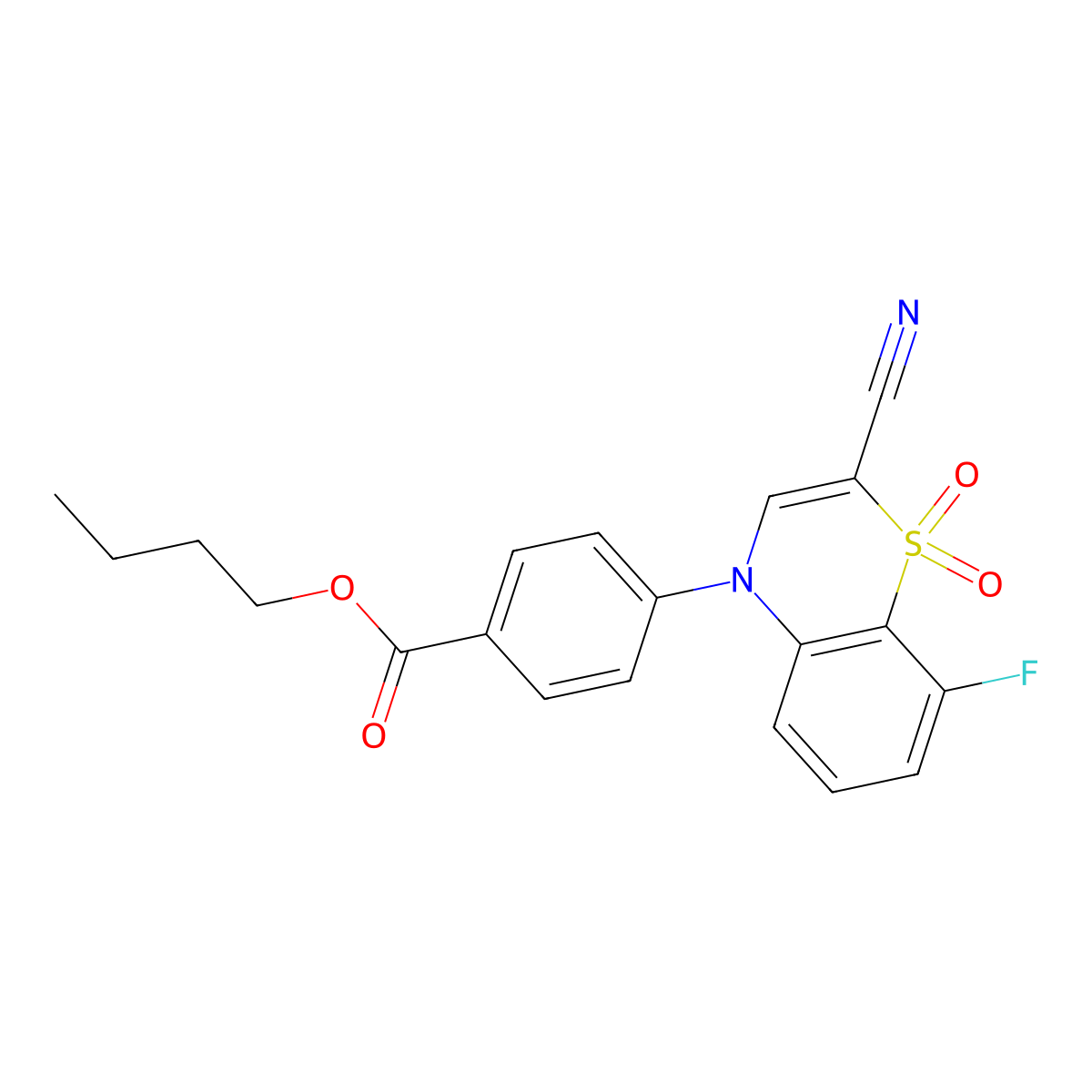 butyl 4-(2-cyano-8-fluoro-1,1-dioxido-4H-benzo[b][1,4]thiazin-4-yl)benzoate molecular structure, CAS 1226442-87-0