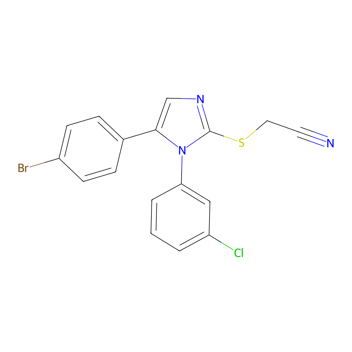 2-((5-(4-bromophenyl)-1-(3-chlorophenyl)-1H-imidazol-2-yl)thio)acetonitrile molecular structure, CAS 1226442-90-5
