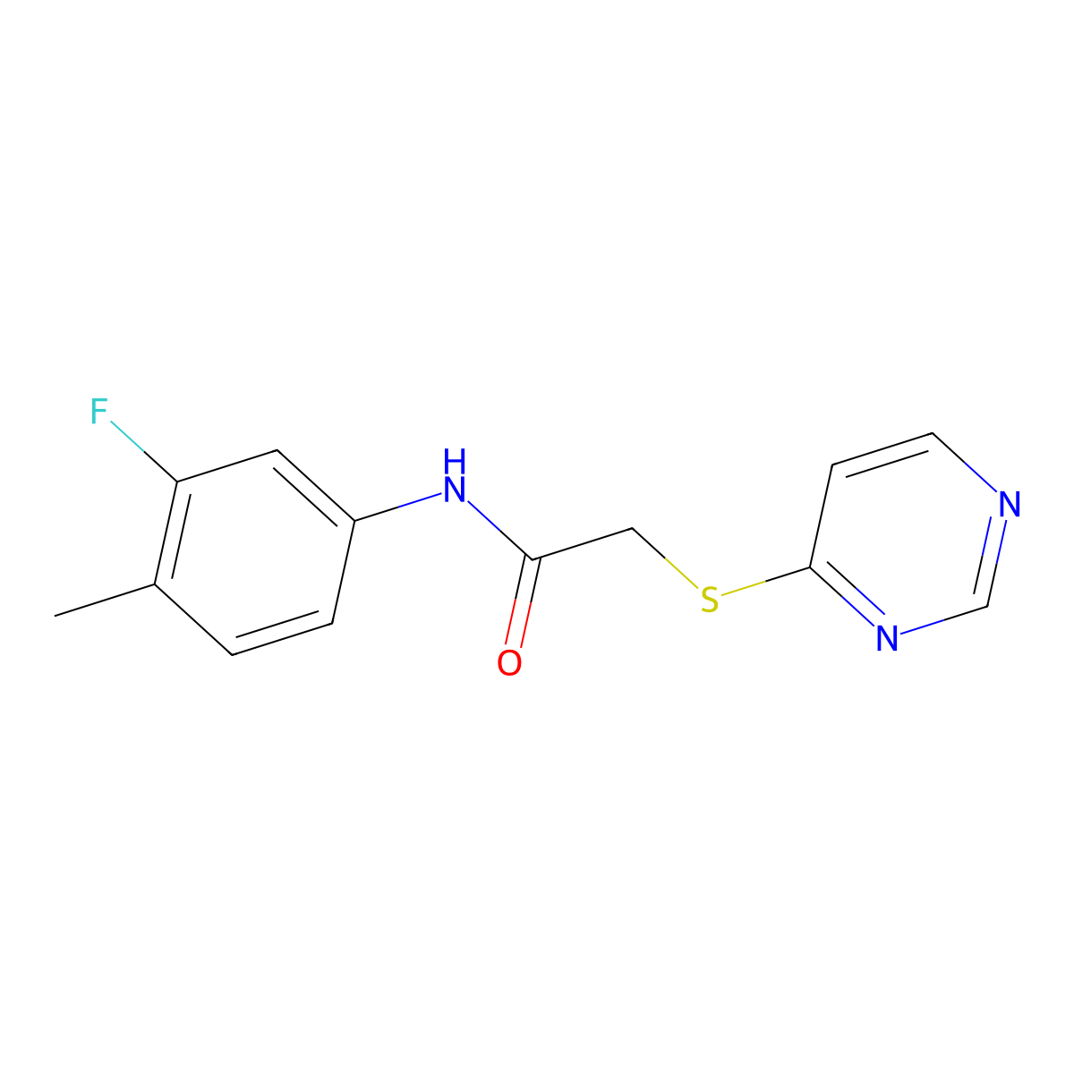 N-(3-fluoro-4-methylphenyl)-2-(pyrimidin-4-ylthio)acetamide molecular structure, CAS 1226443-04-4
