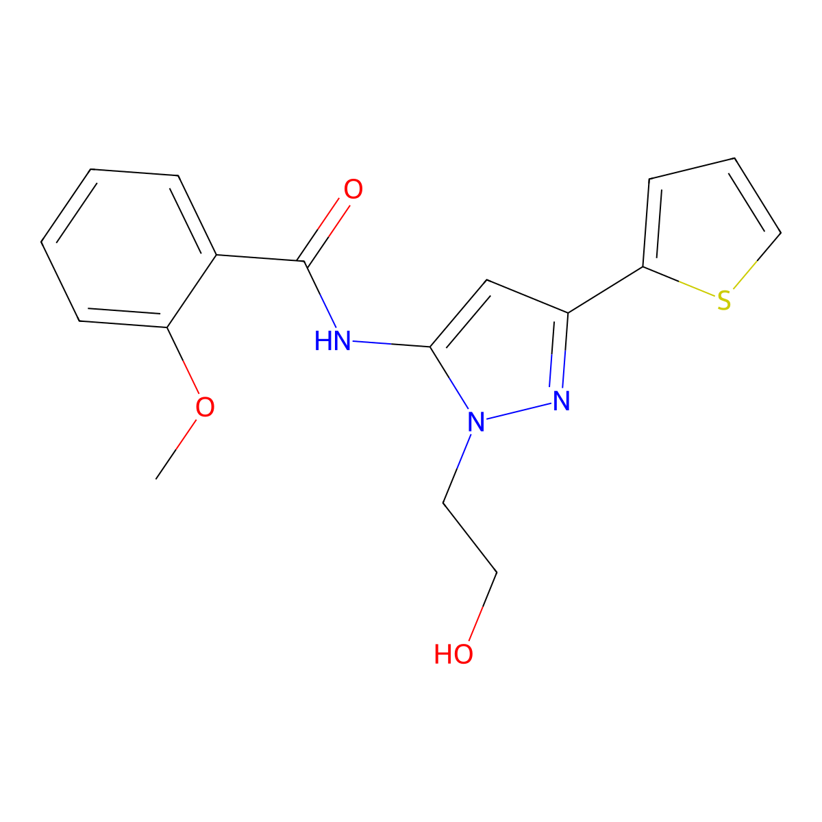 N-(1-(2-hydroxyethyl)-3-(thiophen-2-yl)-1H-pyrazol-5-yl)-2-methoxybenzamide molecular structure, CAS 1226443-07-7