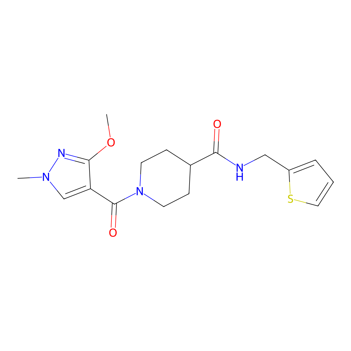 1-(3-methoxy-1-methyl-1H-pyrazole-4-carbonyl)-N-(thiophen-2-ylmethyl)piperidine-4-carboxamide molecular structure, CAS 1226443-08-8