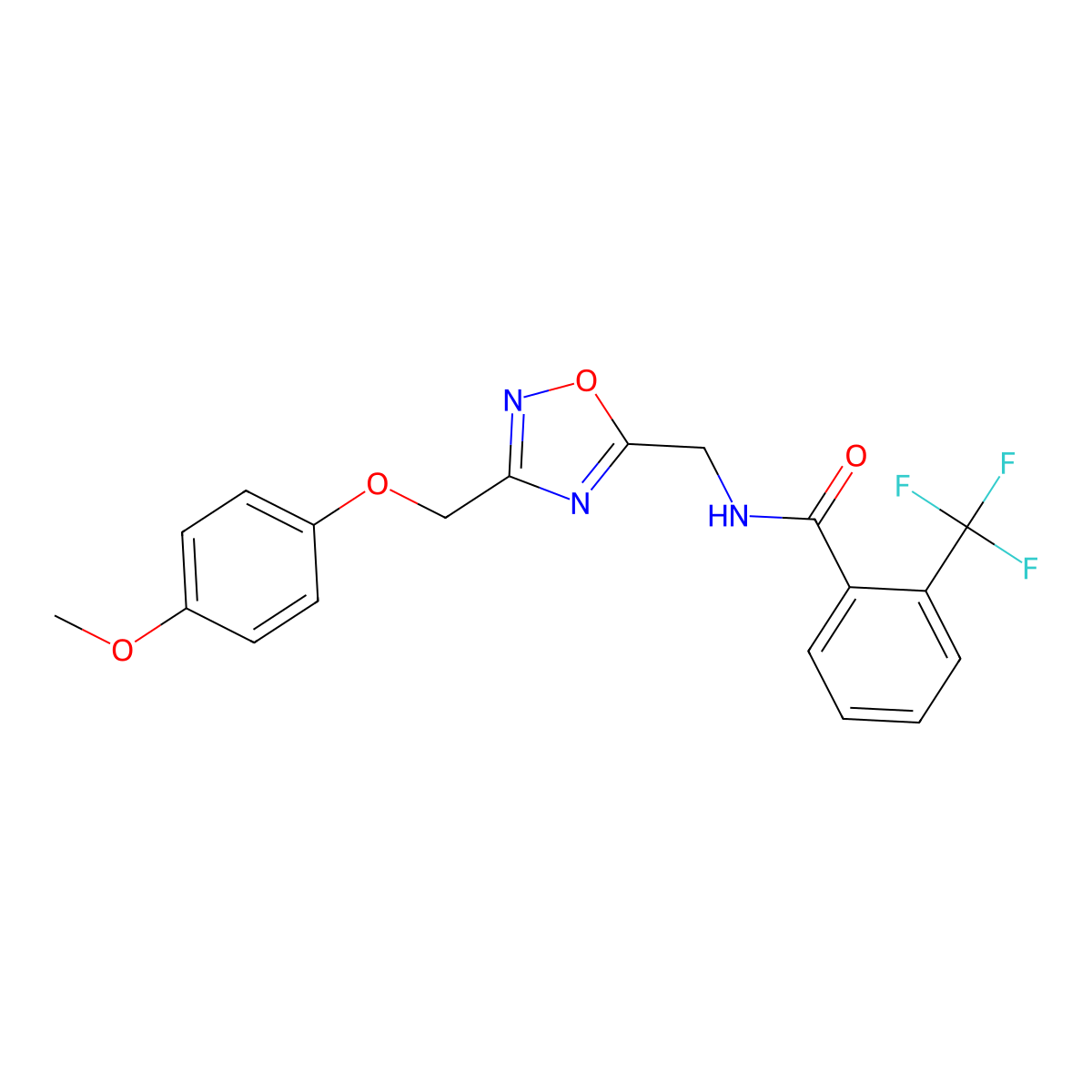 N-((3-((4-methoxyphenoxy)methyl)-1,2,4-oxadiazol-5-yl)methyl)-2-(trifluoromethyl)benzamide molecular structure, CAS 1226443-10-2