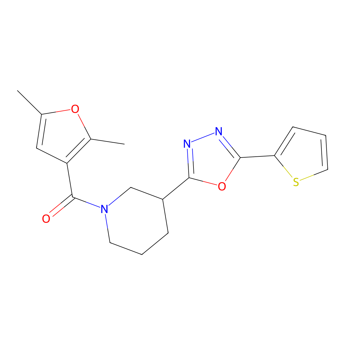 (2,5-Dimethylfuran-3-yl)(3-(5-(thiophen-2-yl)-1,3,4-oxadiazol-2-yl)piperidin-1-yl)methanone molecular structure, CAS 1226443-11-3