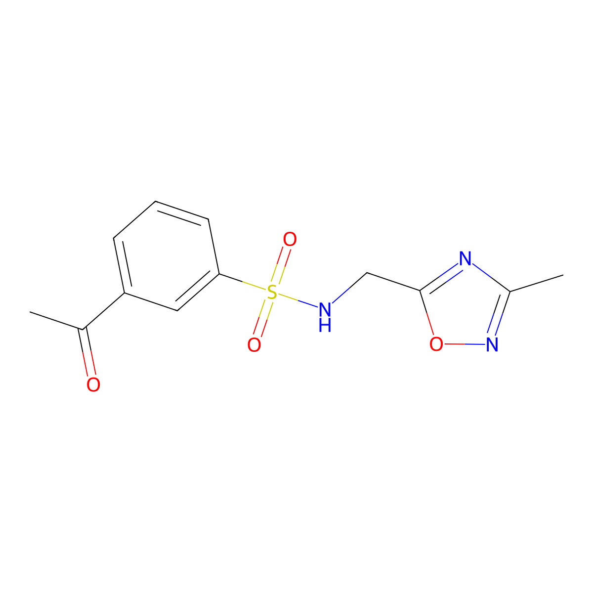 3-acetyl-N-((3-methyl-1,2,4-oxadiazol-5-yl)methyl)benzenesulfonamide molecular structure, CAS 1226443-22-6