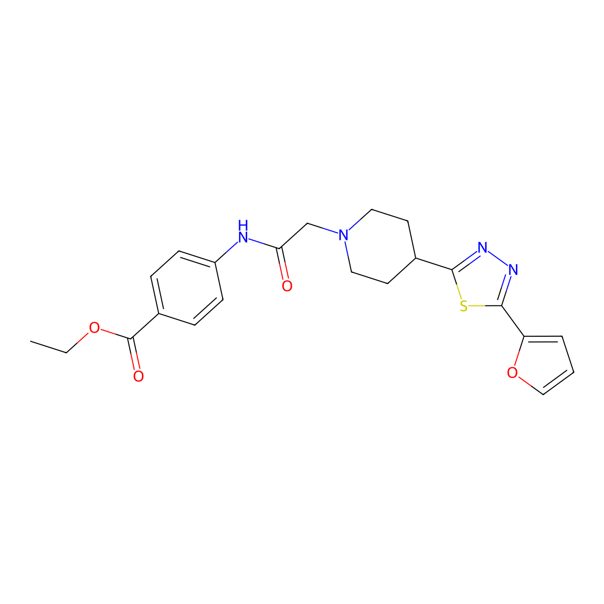 Ethyl 4-(2-(4-(5-(furan-2-yl)-1,3,4-thiadiazol-2-yl)piperidin-1-yl)acetamido)benzoate molecular structure, CAS 1226443-25-9