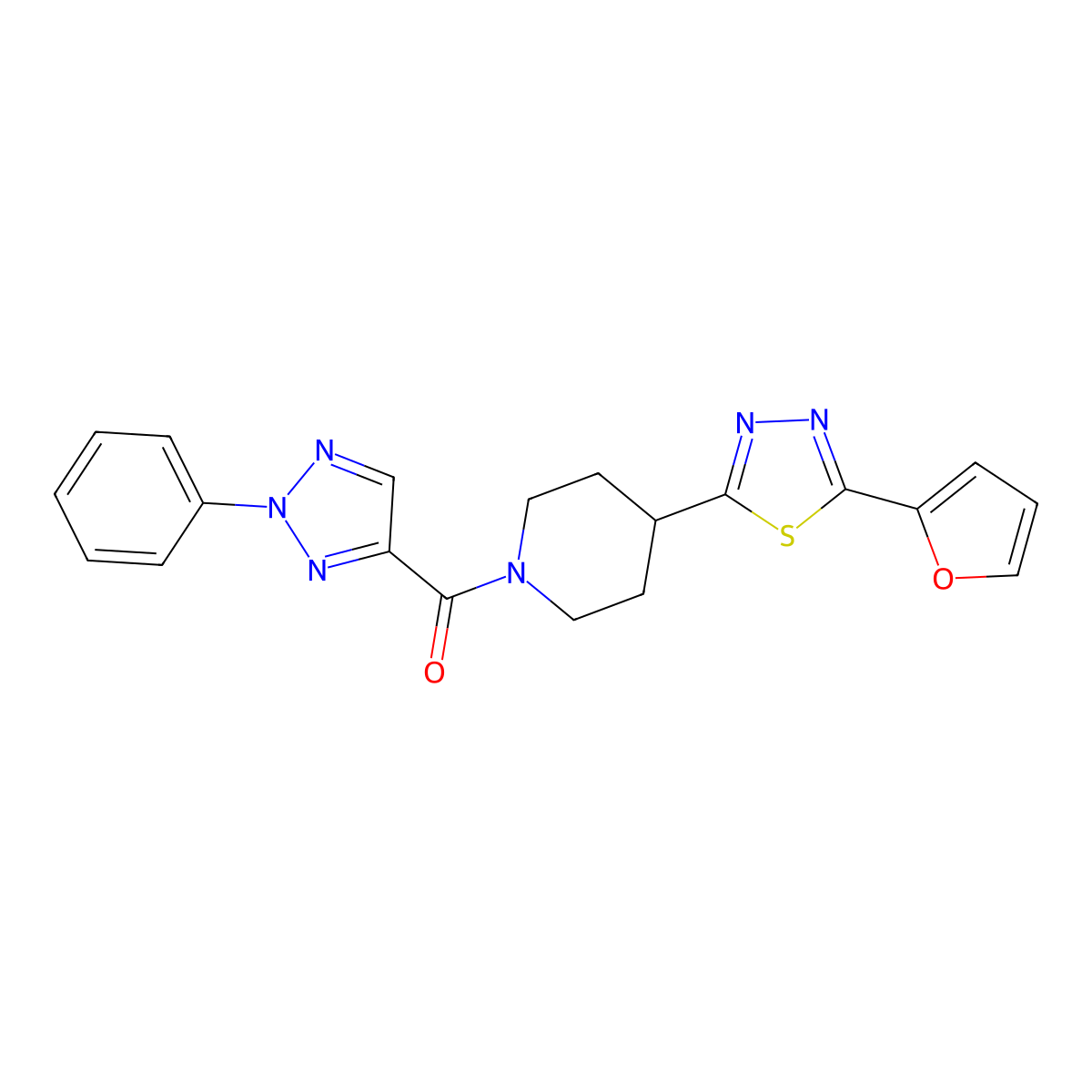 (4-(5-(furan-2-yl)-1,3,4-thiadiazol-2-yl)piperidin-1-yl)(2-phenyl-2H-1,2,3-triazol-4-yl)methanone molecular structure, CAS 1226443-64-6