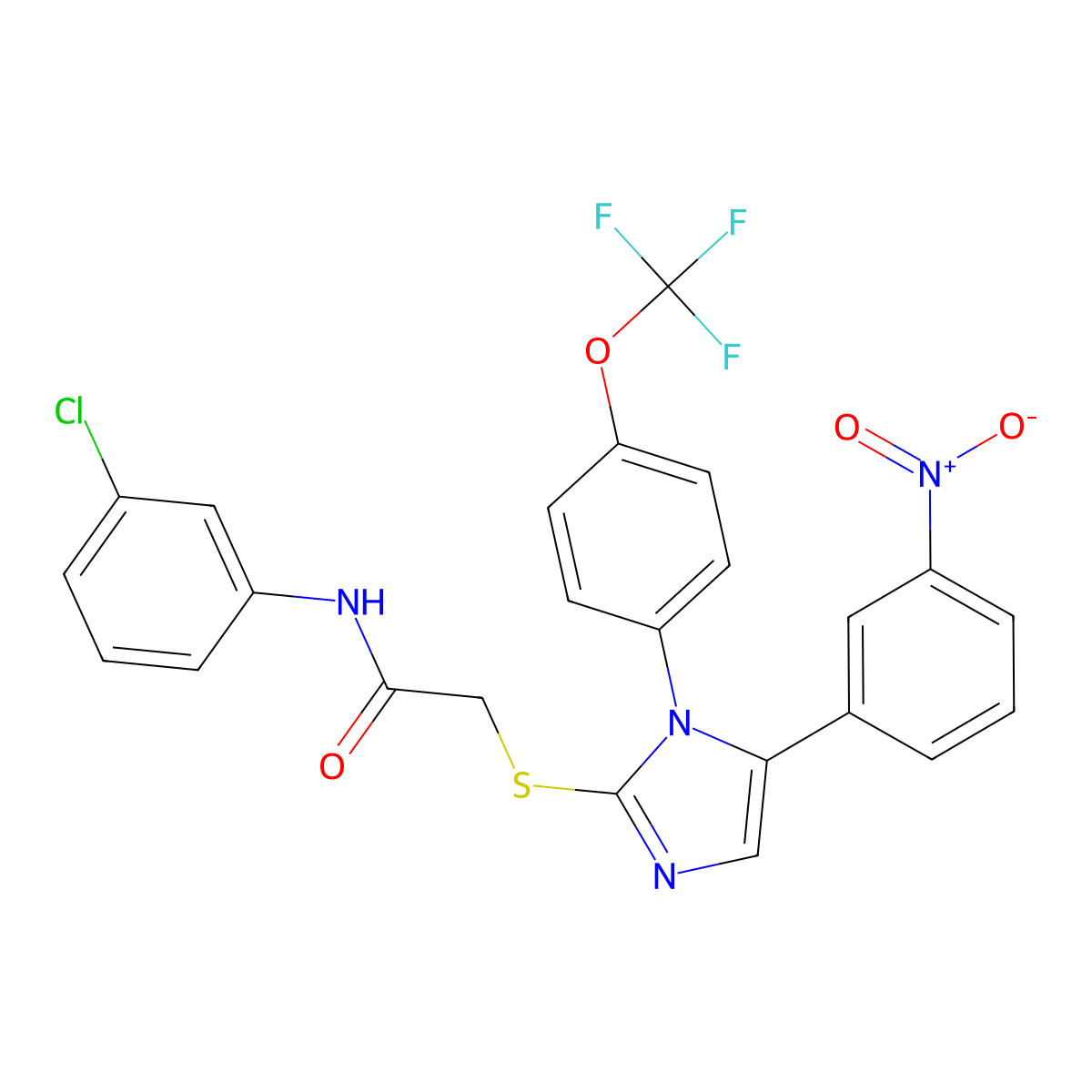 N-(3-chlorophenyl)-2-((5-(3-nitrophenyl)-1-(4-(trifluoromethoxy)phenyl)-1H-imidazol-2-yl)thio)acetamide molecular structure, CAS 1226443-83-9