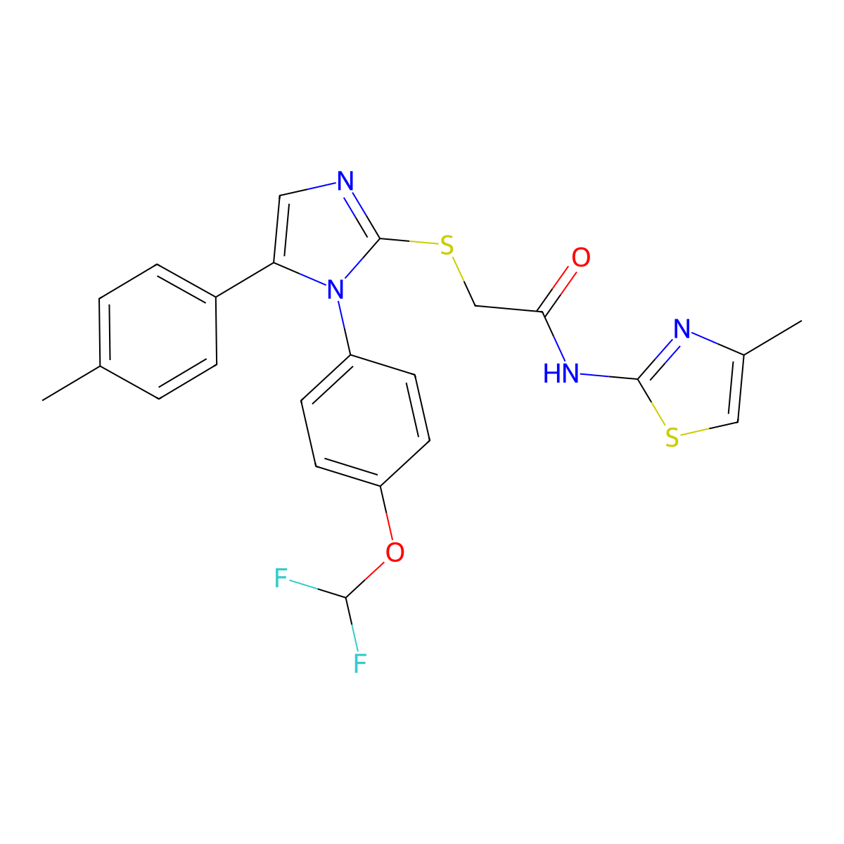 2-((1-(4-(difluoromethoxy)phenyl)-5-(p-tolyl)-1H-imidazol-2-yl)thio)-N-(4-methylthiazol-2-yl)acetamide molecular structure, CAS 1226443-85-1