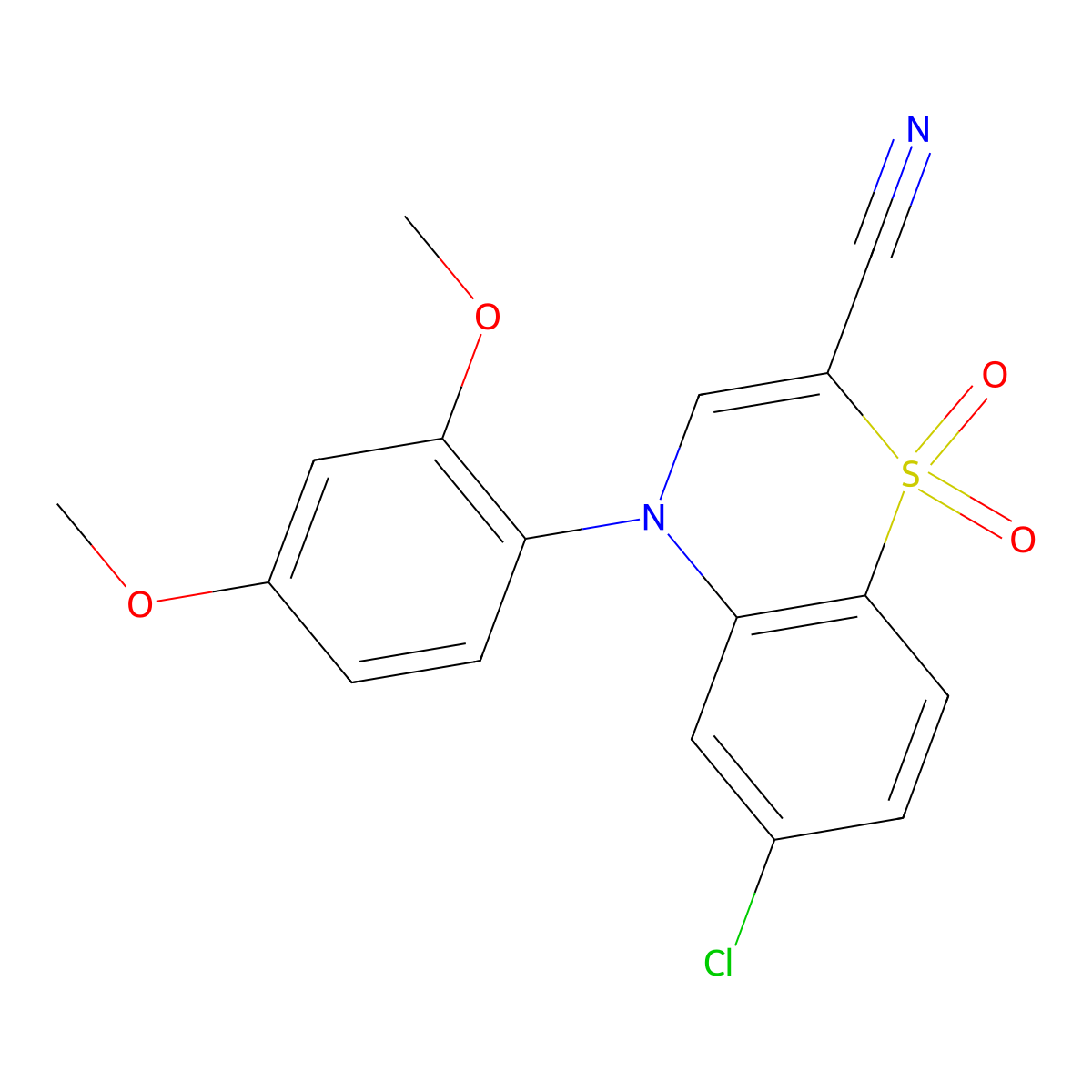 6-chloro-4-(2,4-dimethoxyphenyl)-4H-1,4-benzothiazine-2-carbonitrile 1,1-dioxide molecular structure, CAS 1226443-96-4