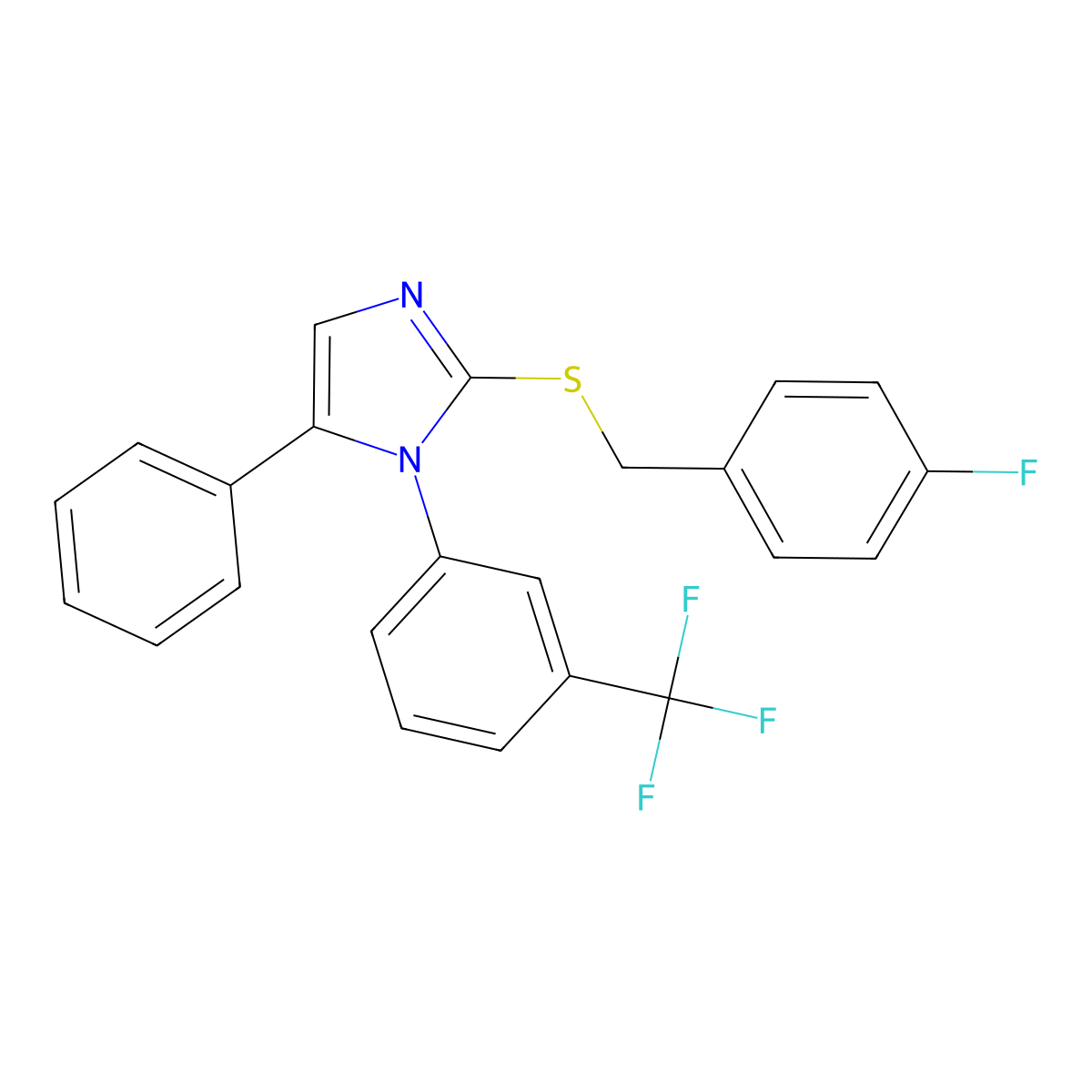 2-((4-fluorobenzyl)thio)-5-phenyl-1-(3-(trifluoromethyl)phenyl)-1H-imidazole molecular structure, CAS 1226443-97-5