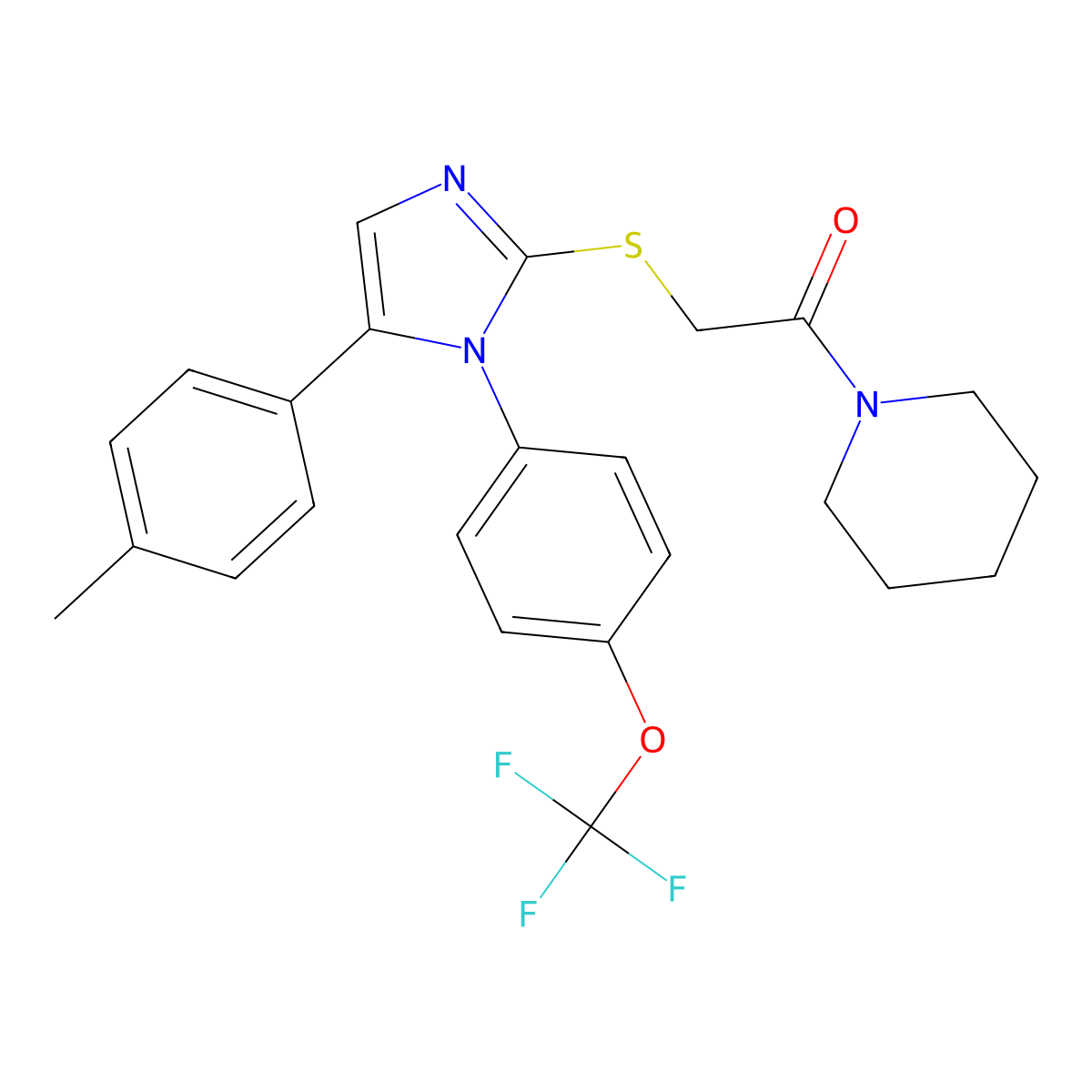 1-(piperidin-1-yl)-2-((5-(p-tolyl)-1-(4-(trifluoromethoxy)phenyl)-1H-imidazol-2-yl)thio)ethanone molecular structure, CAS 1226443-98-6