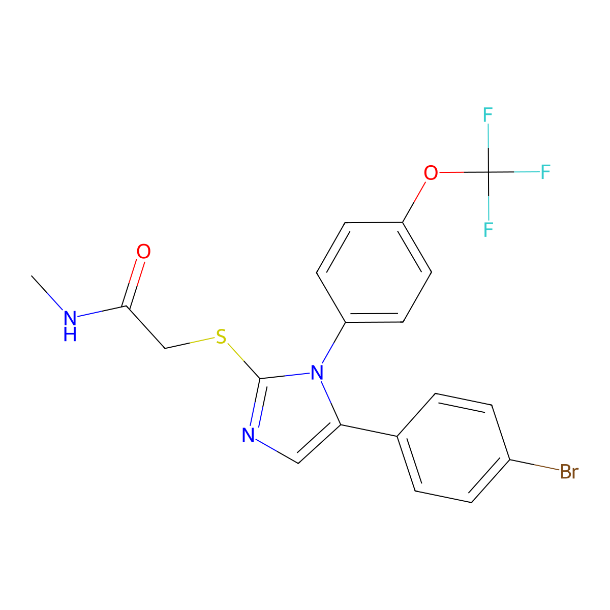 2-((5-(4-bromophenyl)-1-(4-(trifluoromethoxy)phenyl)-1H-imidazol-2-yl)thio)-N-methylacetamide molecular structure, CAS 1226444-00-3
