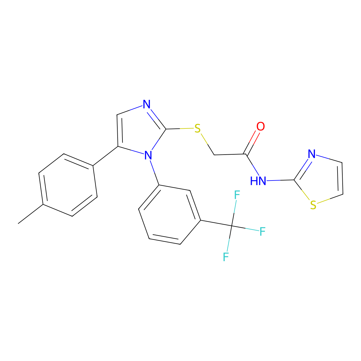 N-(thiazol-2-yl)-2-((5-(p-tolyl)-1-(3-(trifluoromethyl)phenyl)-1H-imidazol-2-yl)thio)acetamide molecular structure, CAS 1226444-15-0