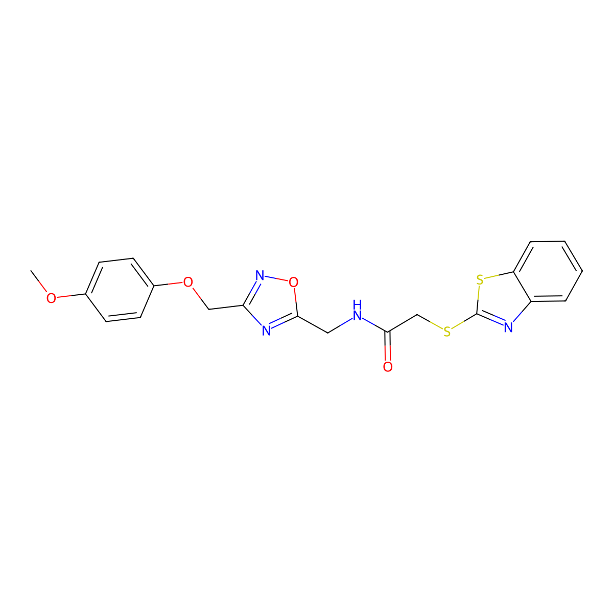 2-(benzo[d]thiazol-2-ylthio)-N-((3-((4-methoxyphenoxy)methyl)-1,2,4-oxadiazol-5-yl)methyl)acetamide molecular structure, CAS 1226444-28-5