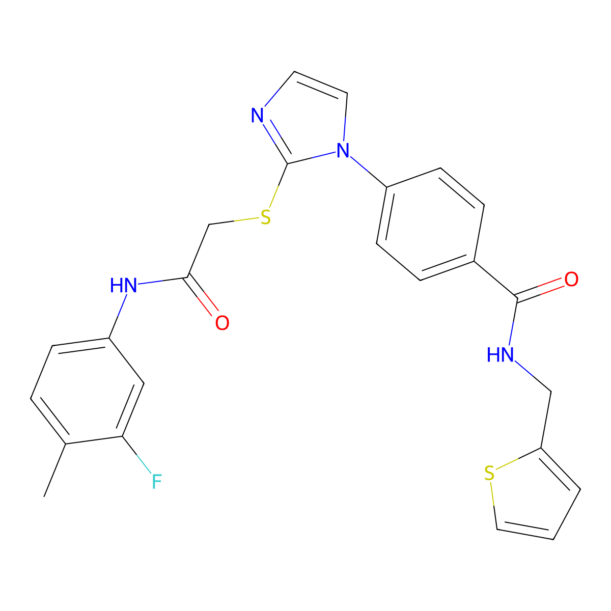 4-[2-({[(3-fluoro-4-methylphenyl)carbamoyl]methyl}sulfanyl)-1H-imidazol-1-yl]-N-[(thiophen-2-yl)methyl]benzamide molecular structure, CAS 1226444-35-4