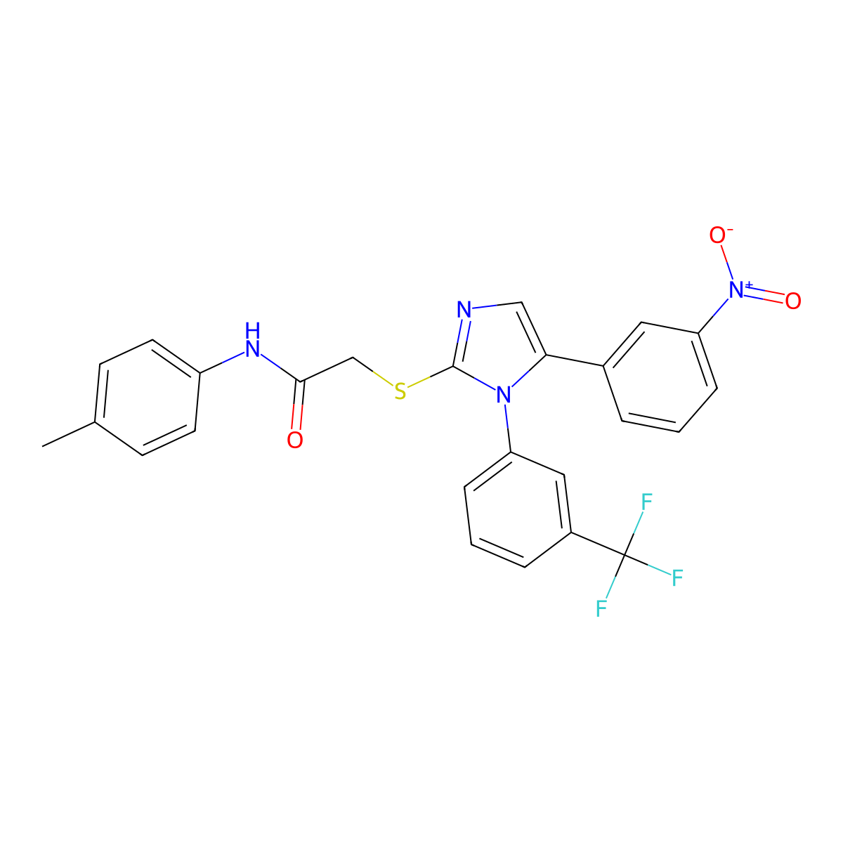 2-((5-(3-nitrophenyl)-1-(3-(trifluoromethyl)phenyl)-1H-imidazol-2-yl)thio)-N-(p-tolyl)acetamide molecular structure, CAS 1226444-40-1