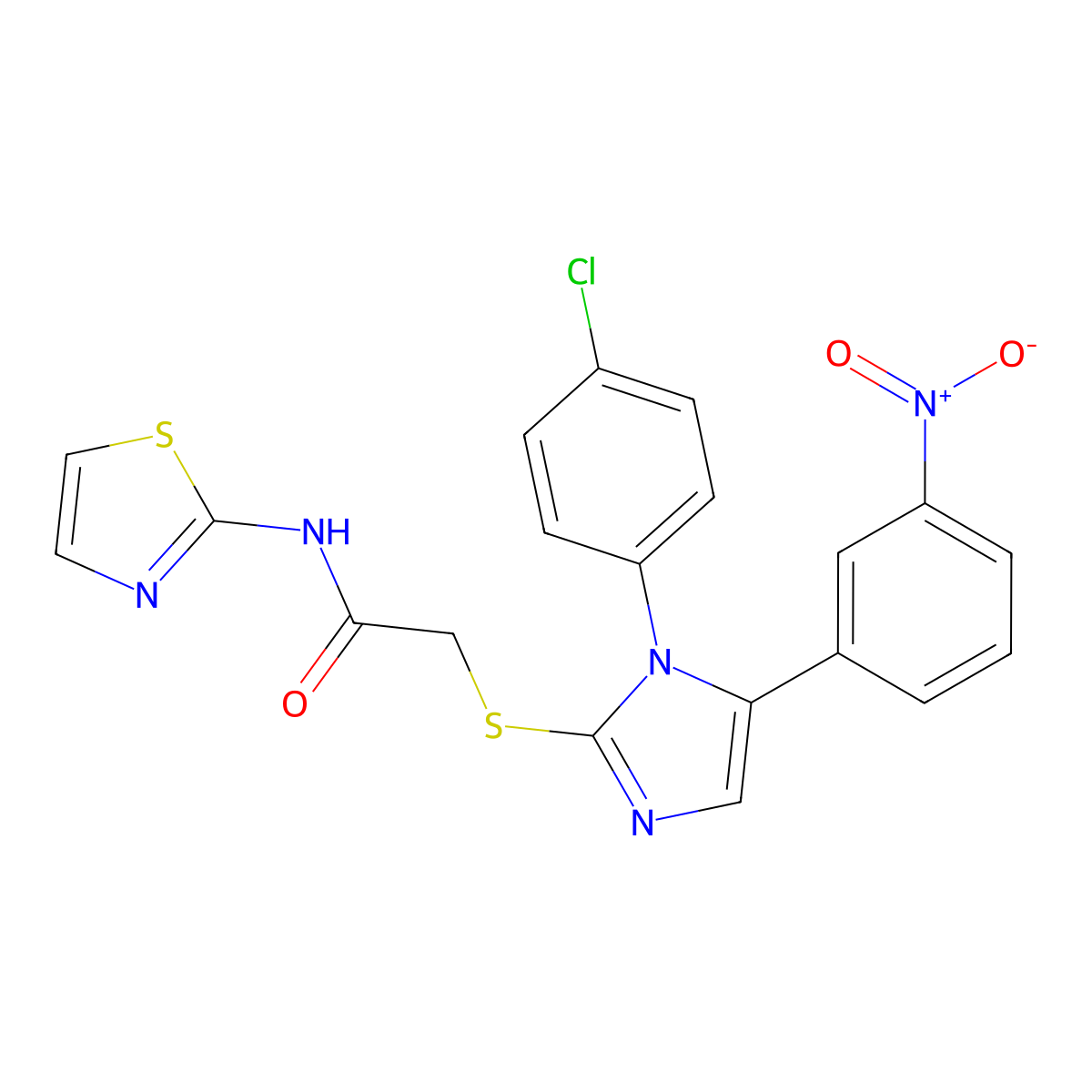 2-((1-(4-chlorophenyl)-5-(3-nitrophenyl)-1H-imidazol-2-yl)thio)-N-(thiazol-2-yl)acetamide molecular structure, CAS 1226444-54-7