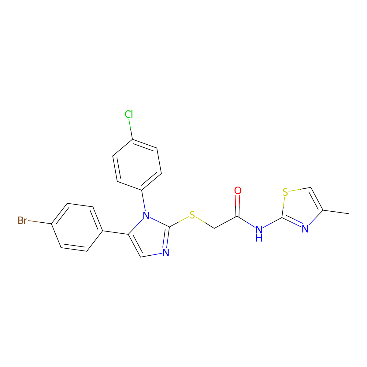 2-((5-(4-bromophenyl)-1-(4-chlorophenyl)-1H-imidazol-2-yl)thio)-N-(4-methylthiazol-2-yl)acetamide molecular structure, CAS 1226444-55-8
