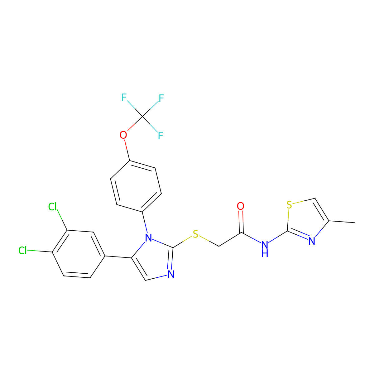 2-((5-(3,4-dichlorophenyl)-1-(4-(trifluoromethoxy)phenyl)-1H-imidazol-2-yl)thio)-N-(4-methylthiazol-2-yl)acetamide molecular structure, CAS 1226444-60-5