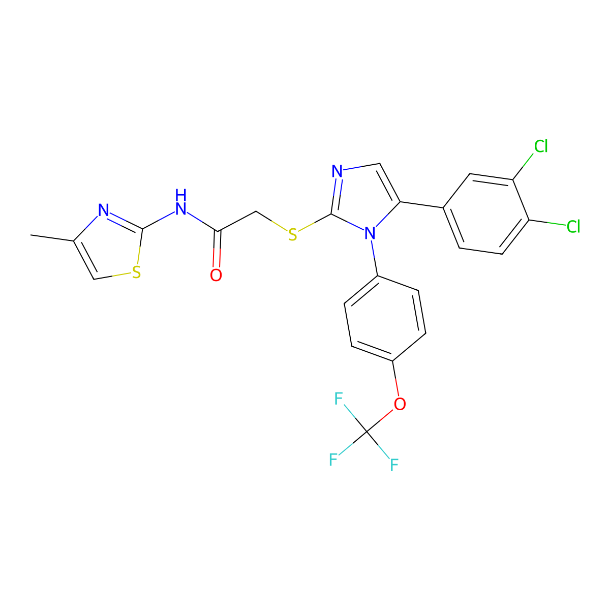 2-((5-(3,4-dichlorophenyl)-1-(4-(trifluoromethoxy)phenyl)-1H-imidazol-2-yl)thio)-N-(4-methylthiazol-2-yl)acetamide molecular structure, CAS 1226444-60-5