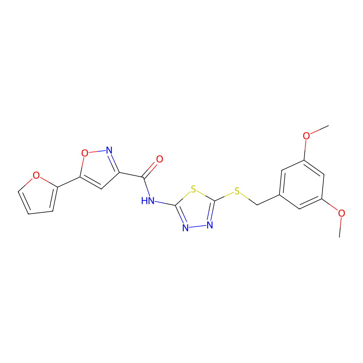 N-(5-((3,5-dimethoxybenzyl)thio)-1,3,4-thiadiazol-2-yl)-5-(furan-2-yl)isoxazole-3-carboxamide molecular structure, CAS 1226444-66-1