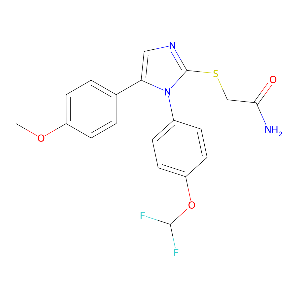 2-((1-(4-(difluoromethoxy)phenyl)-5-(4-methoxyphenyl)-1H-imidazol-2-yl)thio)acetamide molecular structure, CAS 1226444-88-7