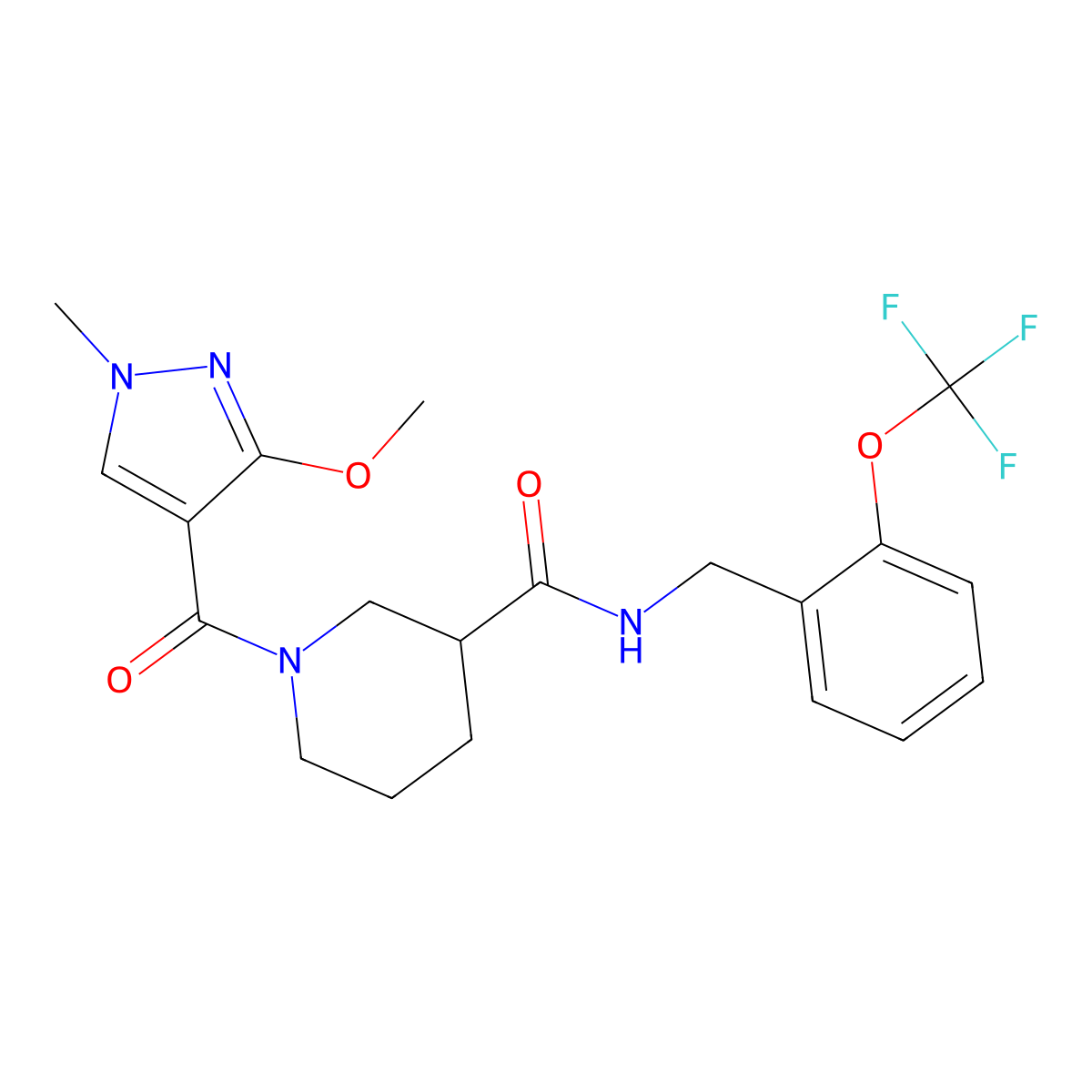 1-(3-methoxy-1-methyl-1H-pyrazole-4-carbonyl)-N-(2-(trifluoromethoxy)benzyl)piperidine-3-carboxamide molecular structure, CAS 1226444-95-6