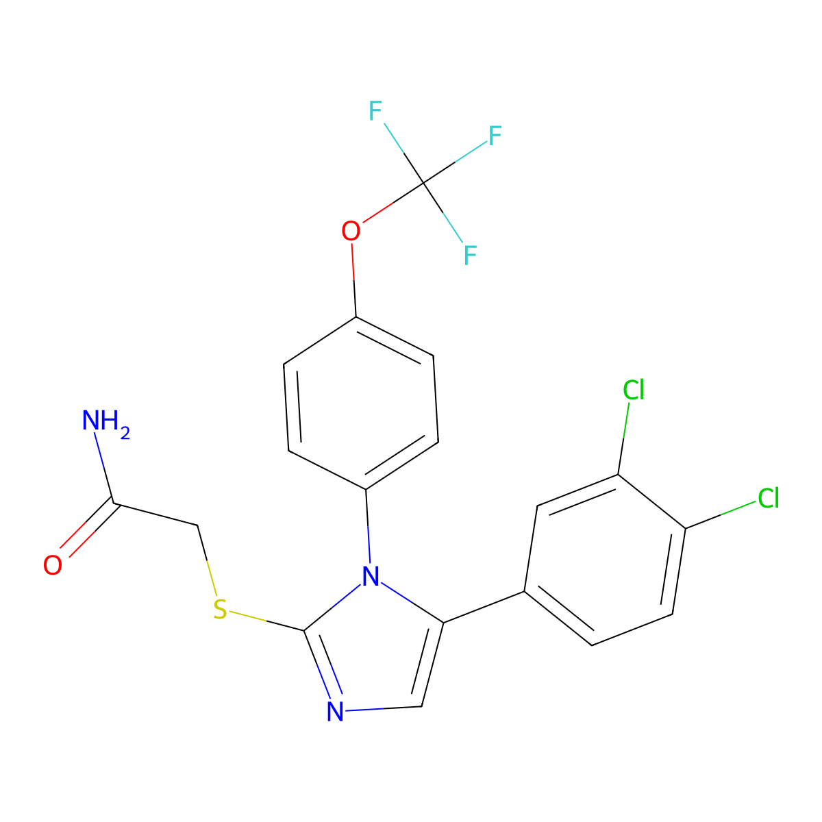 2-((5-(3,4-dichlorophenyl)-1-(4-(trifluoromethoxy)phenyl)-1H-imidazol-2-yl)thio)acetamide molecular structure, CAS 1226444-99-0