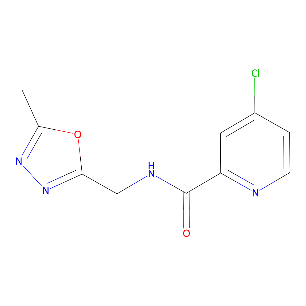 4-chloro-N-((5-methyl-1,3,4-oxadiazol-2-yl)methyl)picolinamide molecular structure, CAS 1226445-00-6