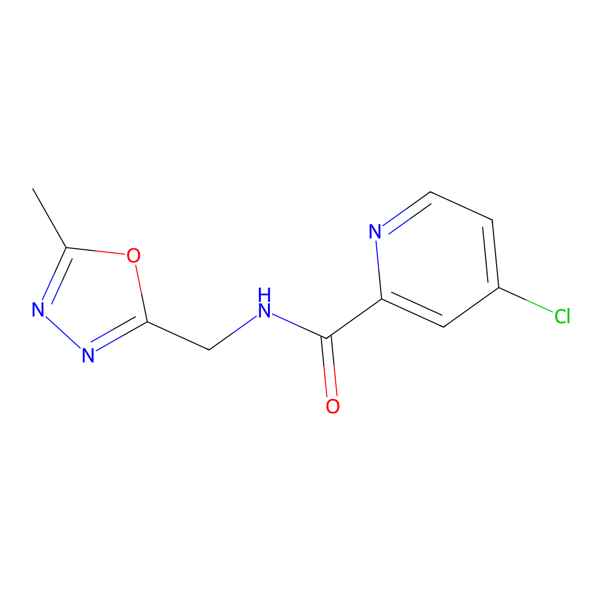 4-chloro-N-((5-methyl-1,3,4-oxadiazol-2-yl)methyl)picolinamide molecular structure, CAS 1226445-00-6