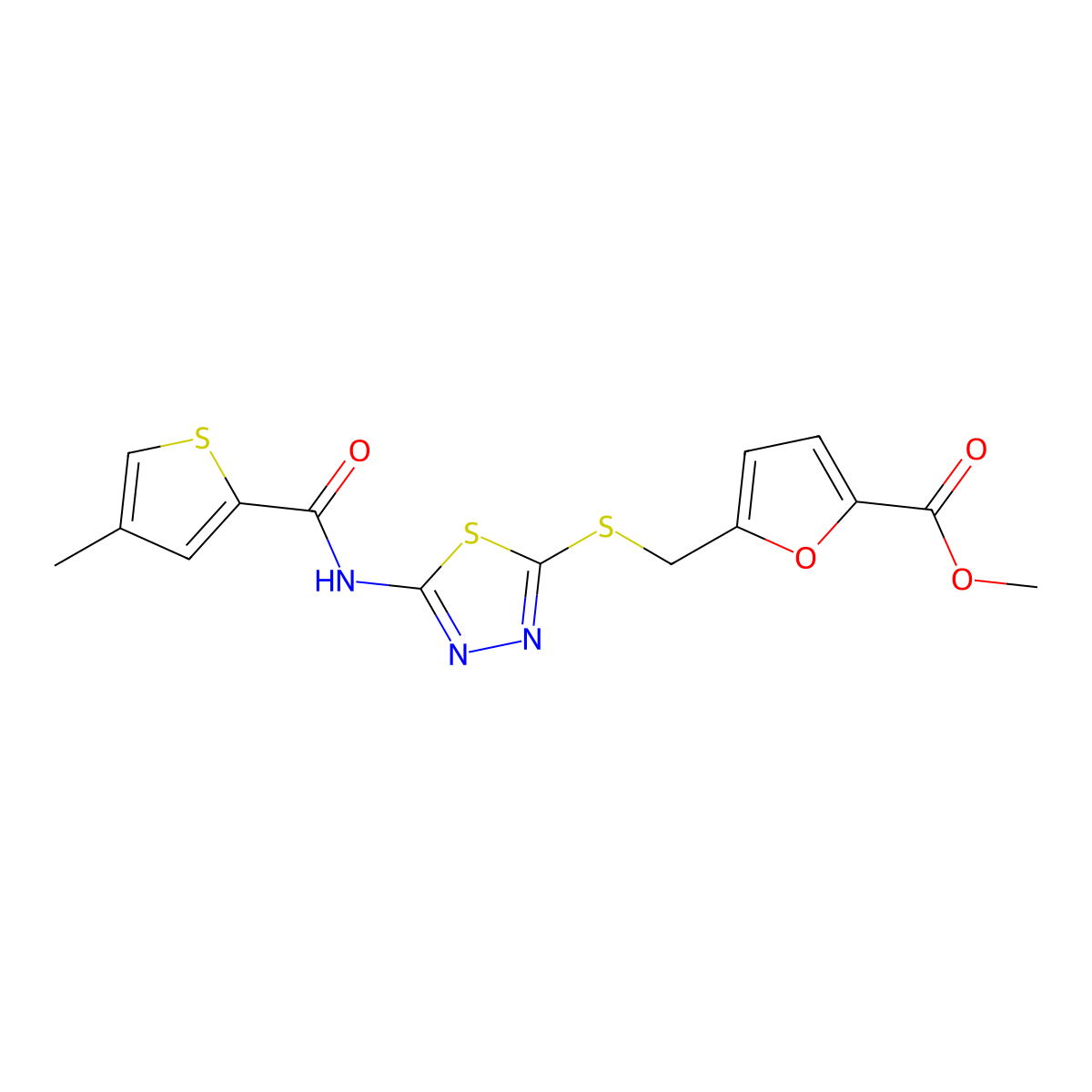 Methyl 5-(((5-(4-methylthiophene-2-carboxamido)-1,3,4-thiadiazol-2-yl)thio)methyl)furan-2-carboxylate molecular structure, CAS 1226445-05-1