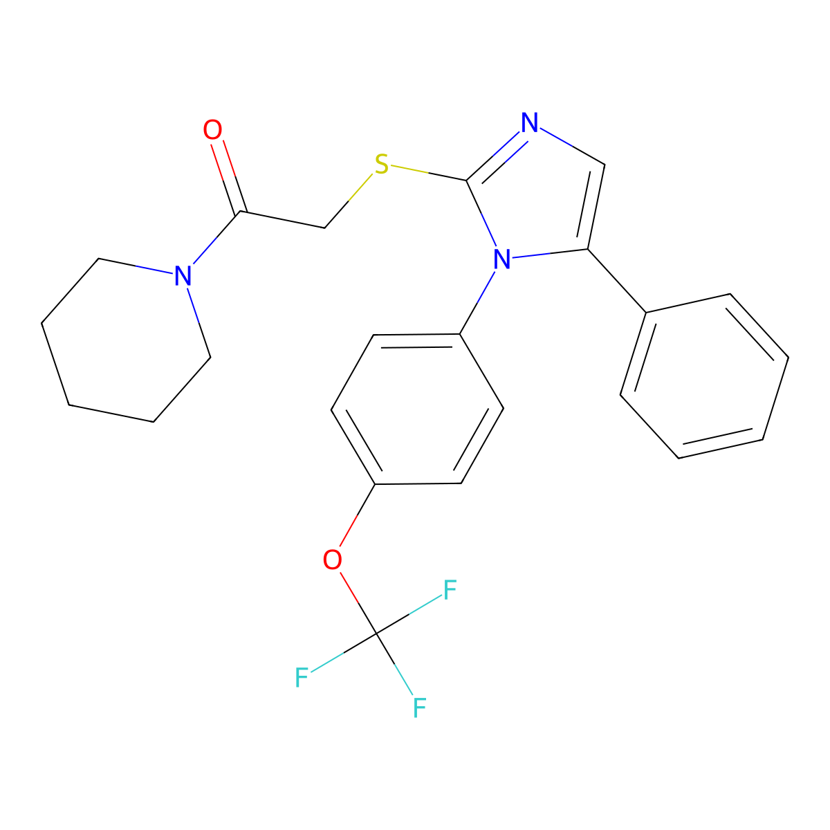 2-((5-phenyl-1-(4-(trifluoromethoxy)phenyl)-1H-imidazol-2-yl)thio)-1-(piperidin-1-yl)ethanone molecular structure, CAS 1226445-16-4