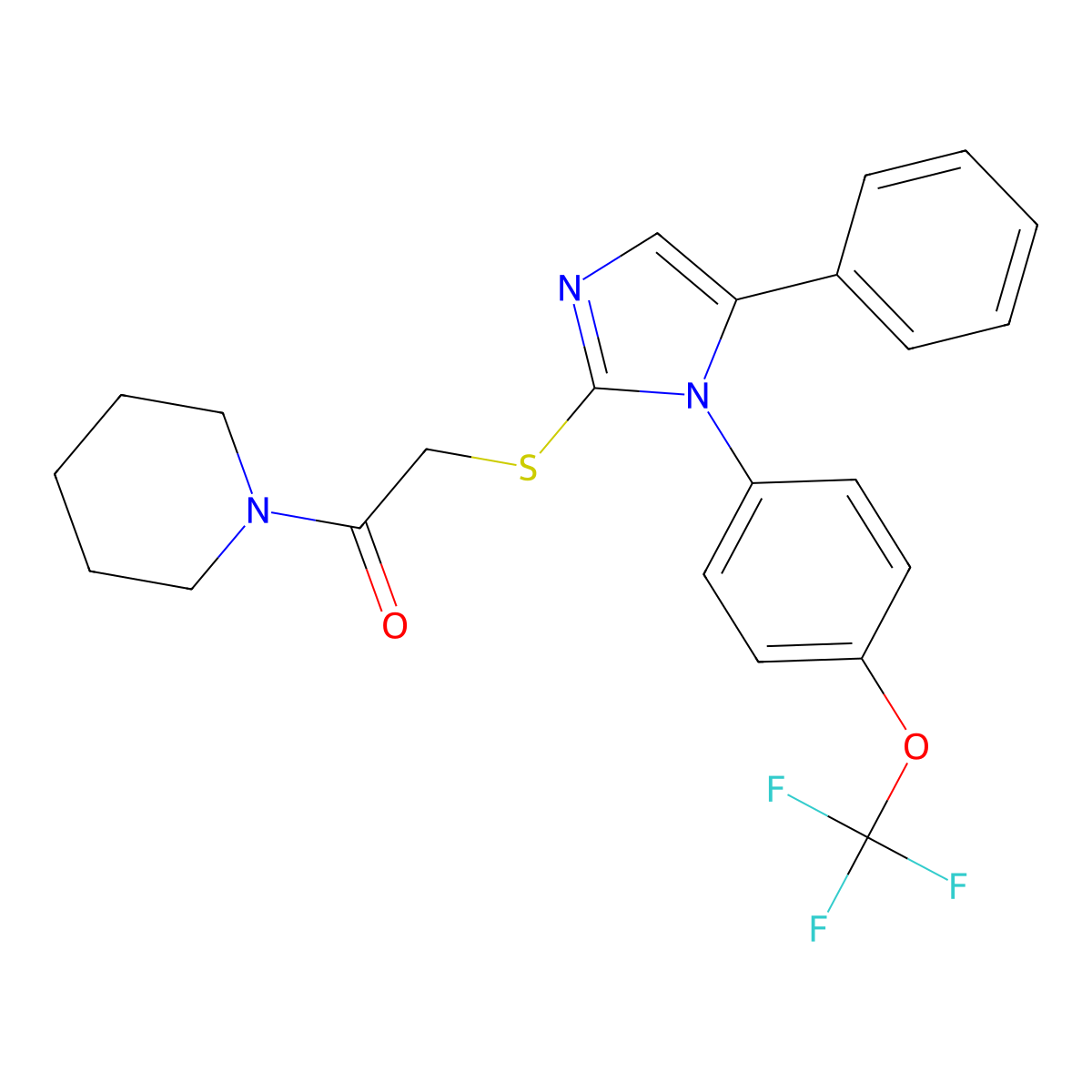 2-((5-phenyl-1-(4-(trifluoromethoxy)phenyl)-1H-imidazol-2-yl)thio)-1-(piperidin-1-yl)ethanone molecular structure, CAS 1226445-16-4