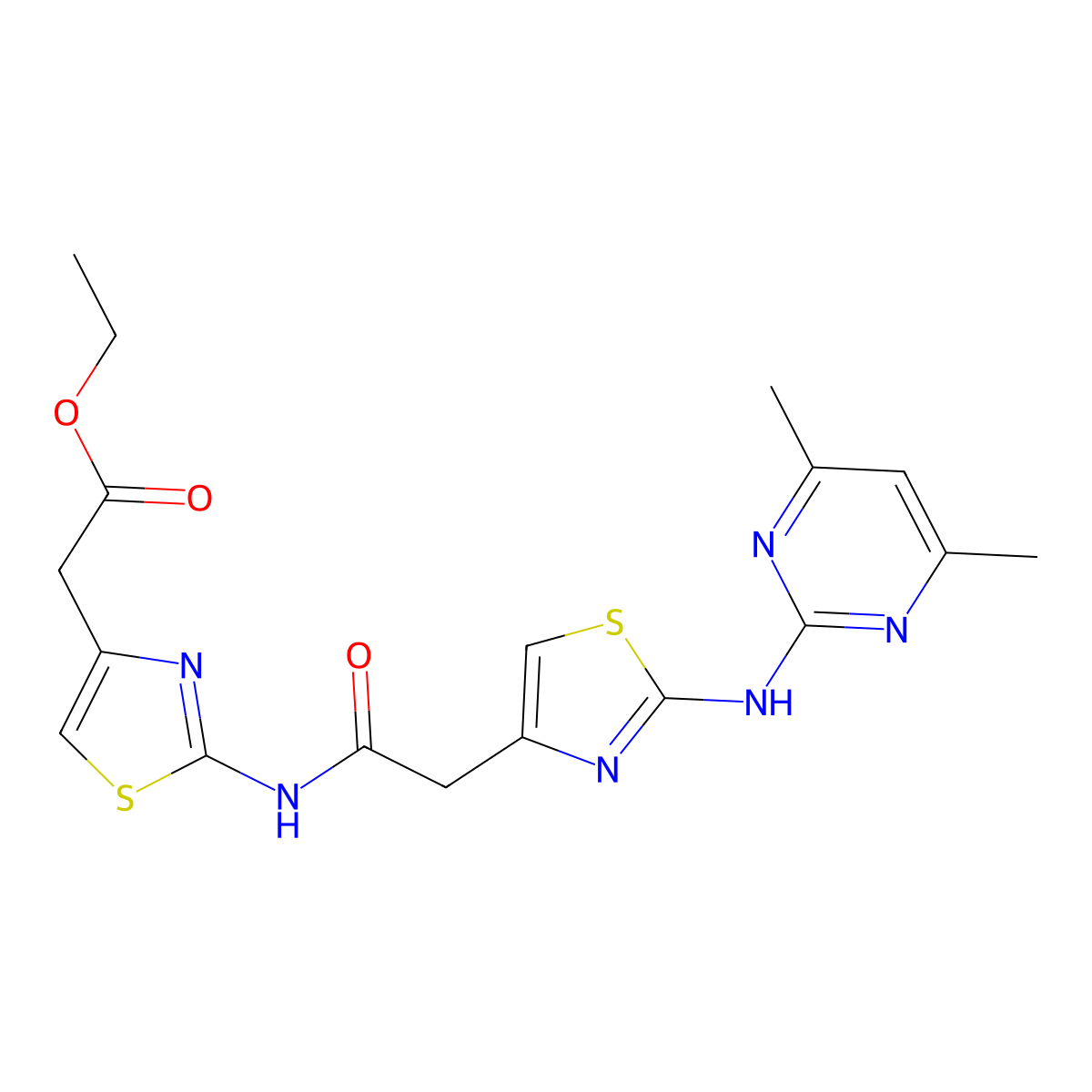 Ethyl 2-(2-(2-(2-((4,6-dimethylpyrimidin-2-yl)amino)thiazol-4-yl)acetamido)thiazol-4-yl)acetate molecular structure, CAS 1226445-31-3